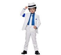 Koongso Kids Super Star Michael Costume, Boys Pop King MJ Cosplay Outfits - White Stripe Coat Pants Tie Hat, 80s 90s Outfits Halloween Disco Dance Stage Dress Up