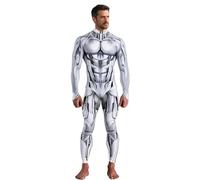 Koongso Men's 3D Robot Superhero Print Bodysuit Halloween Costume, Unisex Adult Armor Robot Skeleton Cosplay Jumpsuit, Futuristic Cyborg Costume Fancy Dress Up