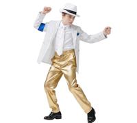 Koongso Pop King MJ Blazer Suit, Rocksatr Dancer Michael History Tour Stage Outfits - Pinstripe Jacket & Gold Pants, Hat, Tie, Party Casual Dress Set