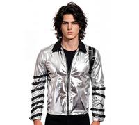 Koongso Pop King MJ Costume for Adults, Rockstar 80s Bad Concert Tour Silver Metallic Jacket, Men Punk Belted Outfits for Stage Cosplay Party (Silver, XL)