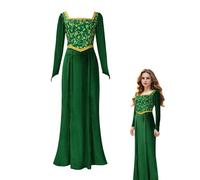 Koongso Princess Fiona Costume, Women Fiona Princess Dress Up Green Floral Print Velvet Gown Adult High Waist A-Line Maxi Dress for Halloween Carnival Dance Party