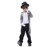Koongso Super Star Michael Costume for Kids, Boys Pop King MJ Sparkly Silver Outfit Suit with Accessories Child 70s 80s Disco Dance Stage Dress-Up School Show Props