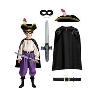 Koongso The Highway Rodent Costume Set- Black Cape, Hat & Feather, Mask, Sword, Cat Bandit Rat Robber Costume for World Book Day Halloween Party Stage