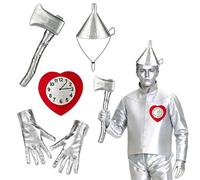 Koongso Tin Man Costume Set, 4Pcs Silver Metallic Accessories - Funnel Hat, Axe, Heart Brooch & Gloves for Adults Teens Halloween Theme Party World Book Day