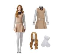 Koongso Women's Scary Horror Movie Megan Costume, Adults Megan Doll Dress School Uniform Cosplay Outfit Full Set with Wig Shirt Belt Socks for Halloween Party