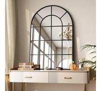 Koonmi 90x60cm, Arched Wall Mirror, Bathroom Mirror with Grid, Tempered Glass Explosion-Proof Decorative Mirror, Suitable for Window Decoration, Bedroom, Entryway and Various Styles, Black