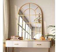 Koonmi 90x60cm, Arched Wall Mirror, Bathroom Mirror with Grid, Tempered Glass Explosion-Proof Decorative Mirror, Suitable for Window Decoration, Bedroom, Entryway and Various Styles, Gold