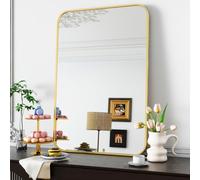 Koonmi 96 x 66 cm Wall Mirror, Rectangular Metal Frame, Bathroom Mirror, Round Corner, Wall Mirror for Bathroom, Living Room, Wall Mounted, Horizontal or Vertical, Gold