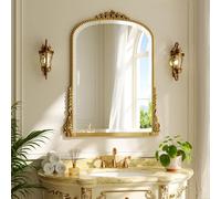 Koonmi Arched Mirror with Beaded Ring 60x80 cm - Bathroom Mirror for Above Sink, Wall Decoration with Metal Frame for Entrance, Bedroom and Living Room, Gold