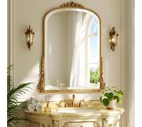 Koonmi Arched Mirror with Beaded Ring 70x101 cm - Bathroom Mirror for Above Sink, Wall Decoration with Metal Frame for Entrance, Bedroom and Living Room, Gold