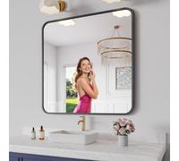 Koonmi Bathroom Mirror, 36X36 Inch Black Metal Framed Mirror for Bathroom, Tempered Glass, Anti-Rust, Rounded Rectangle Mirror for Restroom, Bedroom, Black