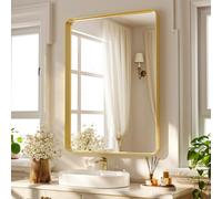 Koonmi Deep Frame Wall Mirror, 75 x 55 cm Luxury High-End Rectangular Bathroom Mirror, Filleted Corner Frame Mirror Horizontal or Vertical Hung, Gold