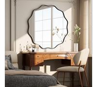 Koonmi Wavy Edge Large Round Mirror, 105cm Wall Mirror with Textured Round Metal Frame, be Hung or Placed against the Wall, suitable for Bathroom, Corridor, Entrance, Living Room, Black