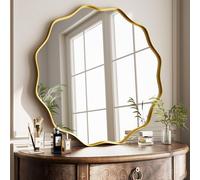 Koonmi Wavy Edge Large Round Mirror, 60cm Wall Mirror with Textured Round Metal Frame, be Hung or Placed against the Wall, suitable for Bathroom, Corridor, Entrance, Living Room, Gold