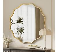 Koonmi Wavy Edge Large Round Mirror, 75cm Wall Mirror with Textured Round Metal Frame, be Hung or Placed against the Wall, suitable for Bathroom, Corridor, Entrance, Living Room, Gold