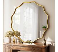 Koonmi Wavy Edge Large Round Mirror, 90cm Wall Mirror with Textured Round Metal Frame, be Hung or Placed against the Wall, suitable for Bathroom, Corridor, Entrance, Living Room, Gold