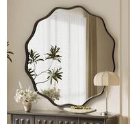 Koonmi Wavy Edge Large Round Mirror, 90cm Wall Mirror with Textured Round Metal Frame, be Hung or Placed against the Wall, suitable for Bathroom, Corridor, Entrance, Living Room, Black