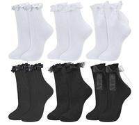 KOOOGEAR 6 Pairs Womens Ruffle Socks,Lace Ruffle Socks Frill Sock Cute Sweet Ballet Sock Lace Cotton Cute Princ,UK 3-7
