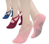 KOOOGEAR Womens 3 Pairs Non Slip Yoga Socks with Grips, Breathable Cotton Barefoot Dance Socks, Ideal for Pilates Ballet Barre Hospital (Pink Red Blue)