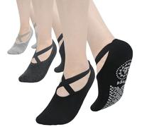 KOOOGEAR Womens 3 Pairs Non Slip Yoga Socks with Grips, Breathable Cotton Barefoot Dance Socks, Ideal for Pilates Ballet Barre Hospital (Black Grey LightGrey)