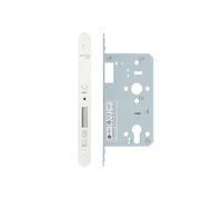 Kooples Hardware 2-Piece DIN Euro Deadlock - 60mm Backset Mortice Lock with Radius Faceplate for Euro Doors (Powder Coat White)