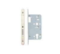 Kooples Hardware 2-Piece DIN Euro Deadlock - 60mm Backset Single Throw Mortice Lock with Radius Faceplate for Euro Cylinder Doors (Satin Stainless)