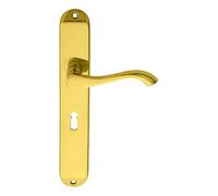 KOOPLES HARDWARE Andros Lever on Backplate - Contemporary Interior Door Handle with Sleek Modern Design (Lock Profile, Polished Brass, 240mm x 40mm Backplate)