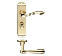 KOOPLES HARDWARE Arundel Lever on Bathroom Backplate 175mm x 42mm - Short Plate Door Handle with Turn & Release - 57mm Lock Centres - Fixings Included (Polished Brass)