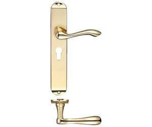 KOOPLES HARDWARE Arundel Lever on Euro Lock Backplate 245mm x 42mm - Long Plate Traditional Handle for Euro Cylinder Locks - 47.5mm Centres - Fixings Included (Polished Brass)