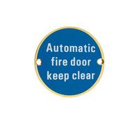Kooples Hardware Automatic Fire Door Keep Clear Sign - 76mm Dia - Stainless Steel Safety Marker for Emergency Exit Doors (PVD Satin Brass)
