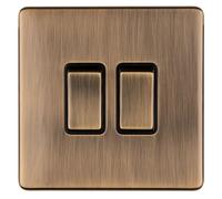 Kooples Hardware Concealed 3mm 2 Gang Switch Slim Screwless Wall Plate White Finish (Antique Brass - Black Trim)