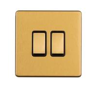 Kooples Hardware Concealed 3mm 2 Gang Switch Slim Screwless Wall Plate White Finish (Satin Brass - Black Trim)
