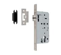 Kooples Hardware DIN Latch Lock - Stainless Steel Interior Door Mechanism with Strike Plate, Reversible Latch Case for Lever Handles (Square, Satin Stainless Steel, 55mm)