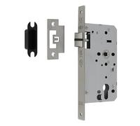 Kooples Hardware DIN Latch Lock - Stainless Steel Interior Door Mechanism with Strike Plate, Reversible Latch Case for Lever Handles (Square, Satin Stainless Steel, 60mm)
