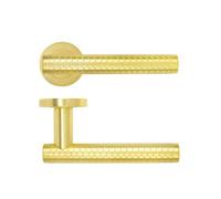 KOOPLES HARDWARE Favo Lever on Round Rose - Contemporary Door Handle - Satin Stainless Steel - Concealed Fix - Durable Grade 304 - Fixings Included (Satin Brass)