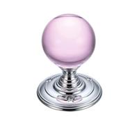 KOOPLES HARDWARE Glass Ball Mortice Door Knob - 55mm Diameter - Classic Clear Glass Knob with Metal Rose - Un-Sprung Pair for Interior Doors - Fixings Included (Polished Chrome/Pink Glass)