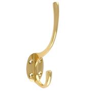 KOOPLES HARDWARE Hat and Coat Hook Wall Mounted Dual Prong Metal Hanger with Screws - Strong Storage Hook for Doors, Hallways, Bathrooms, Utility Areas (Polished Brass, Blister Pack)