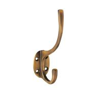 KOOPLES HARDWARE Hat and Coat Hook Wall Mounted Dual Prong Metal Hanger with Screws - Strong Storage Hook for Doors, Hallways, Bathrooms, Utility Areas (Antique Brass, Boxed)
