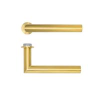 KOOPLES HARDWARE Lugano Lever on 32mm Round Mini Rose - Compact Designer Stainless Steel Door Handle - Satin Finish - Grade 304 - Fixings Included (PVD Satin Brass)
