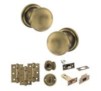 KOOPLES HARDWARE Old English Harrogate Mortice Knob Door Pack with 3" Bathroom Set - Fixings Included (3" Grade 7 Hinges x3, Matt Antique Brass)
