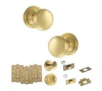 KOOPLES HARDWARE Old English Harrogate Mortice Knob Door Pack with 3" Bathroom Set - Fixings Included (4" Grade 13 Hinges x3, Satin Brass)
