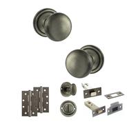 KOOPLES HARDWARE Old English Harrogate Mortice Knob Door Pack with 3" Bathroom Set - Fixings Included (4" Slim Knuckle Hinges x2, Matt Gun Metal)