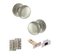 KOOPLES HARDWARE Old English Harrogate Mortice Knob Door Pack with 4" Latch Set - Fixings Included (4" Slim Knuckle Hinges x2, Satin Nickel)