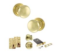 Kooples Hardware Old English Harrogate Mortice Knob Door Pack with 6" Horizontal Bathroom Lock Set Fixings Included (4" Slim Knuckle Hinges x2, Polished Brass)