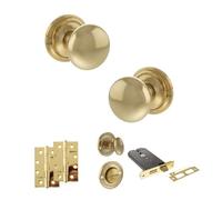 Kooples Hardware Old English Harrogate Mortice Knob Door Pack with 6" Horizontal Bathroom Lock Set Fixings Included (4" Slim Knuckle Hinges x2, Raw Brass/Unlacquered Brass)