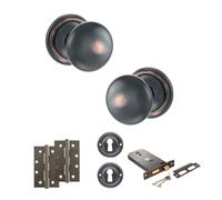 Kooples Hardware Old English Harrogate Mortice Knob Door Pack with 6" Horizontal Sashlock - Fixings Included (4" Slim Knuckle Hinges x2, Antique Copper)