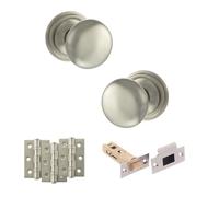 KOOPLES HARDWARE Old English Harrogate Mortice Knob Door Pack with Latch Set of 3- Fixings Included (3" Grade 7 Hinges x3, Satin Nickel)