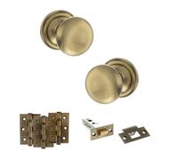 KOOPLES HARDWARE Old English Harrogate Mortice Knob Door Pack with Latch Set of 3- Fixings Included (3" Grade 7 Hinges x3, Antique Brass)