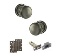KOOPLES HARDWARE Old English Harrogate Mortice Knob Door Pack with Latch Set of 3- Fixings Included (4" Slim Knuckle Hinges x2, Matt Gun Metal)
