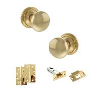 KOOPLES HARDWARE Old English Harrogate Mortice Knob Door Pack with Latch Set of 3- Fixings Included (4" Slim Knuckle Hinges x2, Raw Brass/Unlacquered Brass)